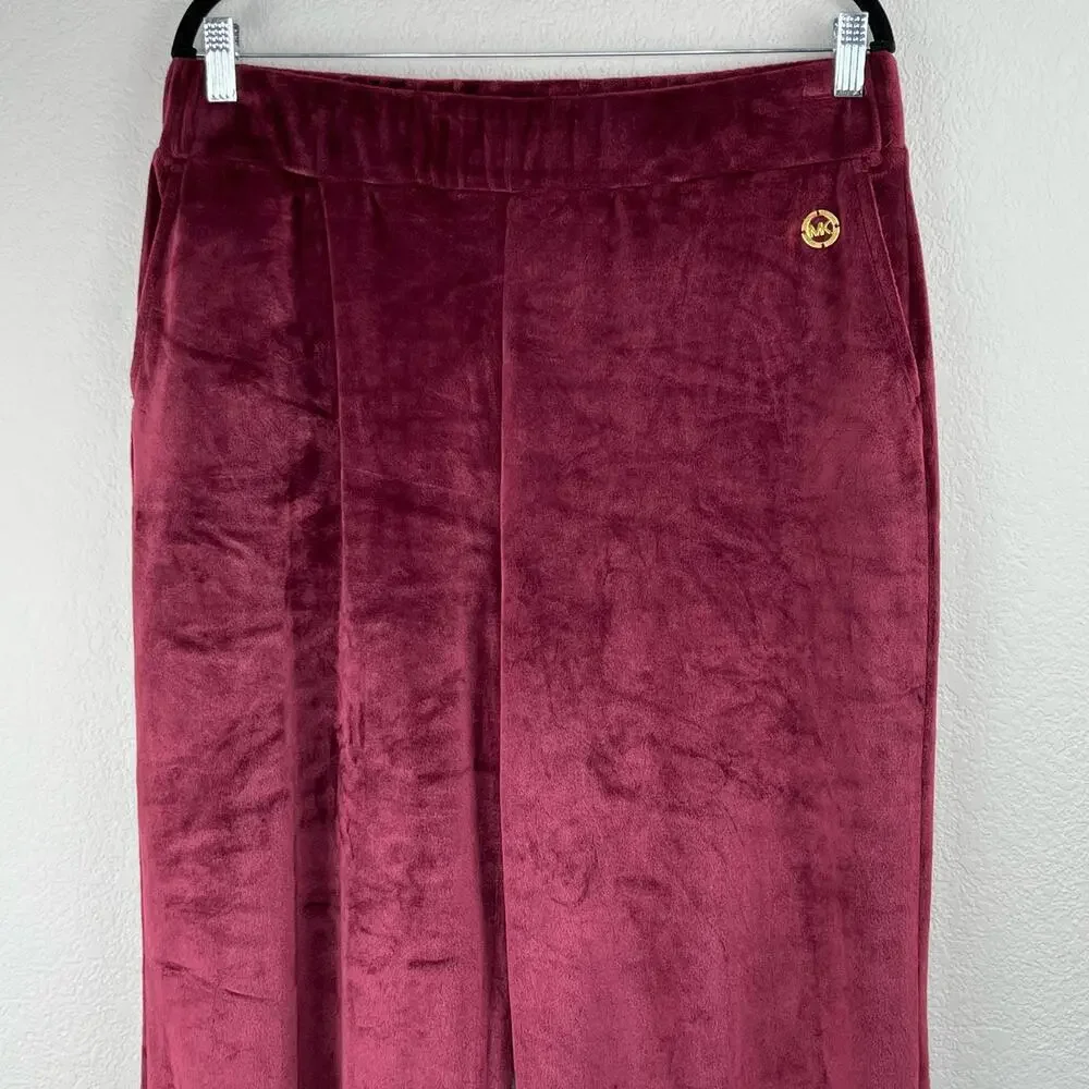Michael Kors Burgundy Velour Straight Leg Track Pants L NWOT Ruby Maroon Red